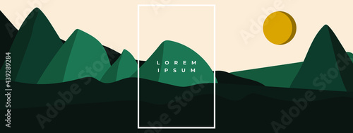 Vector abstract contemporary aesthetic background landscape with mountains, moon. Boho wall textured print decor in flat style. Modern minimalist art and design