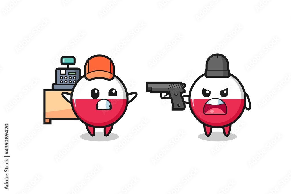 illustration of the cute poland flag badge as a cashier is pointed a gun by a robber