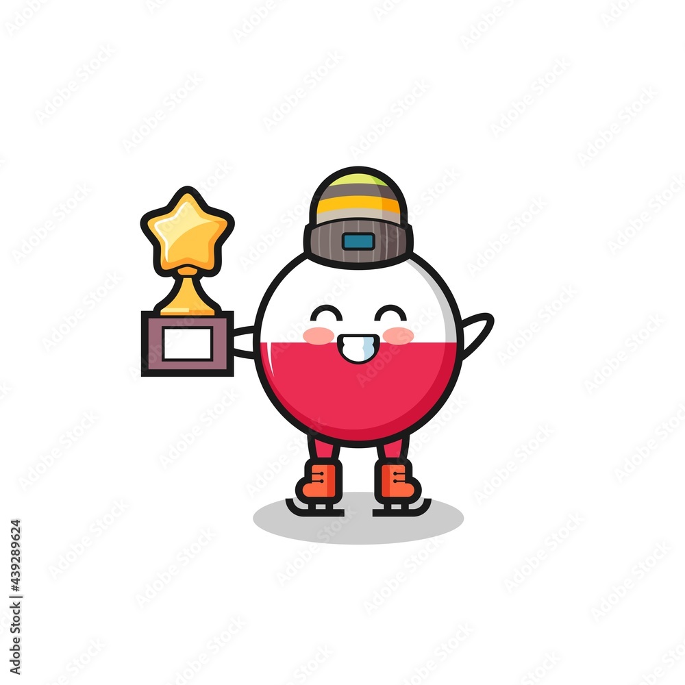 poland flag badge cartoon as an ice skating player hold winner trophy poland flag badge cartoon as an ice skating player hold winner trophy