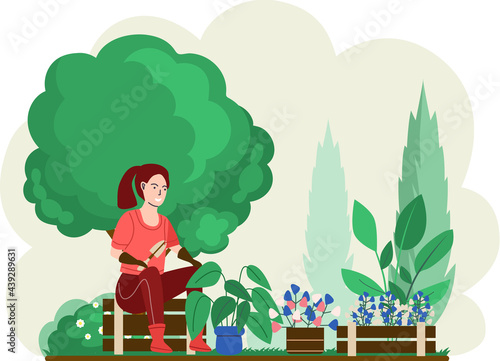 Girl gardening plants on backyard, flowers on flower bed, enjoying tulips and roses in spring garden. Organic horticulture. Gardener worker takes care of plants on backyard, plants flowers in pots