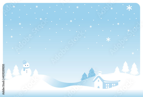 冬　雪　家　雪だるま　風景　フレーム　背景　コピースペース　イラスト