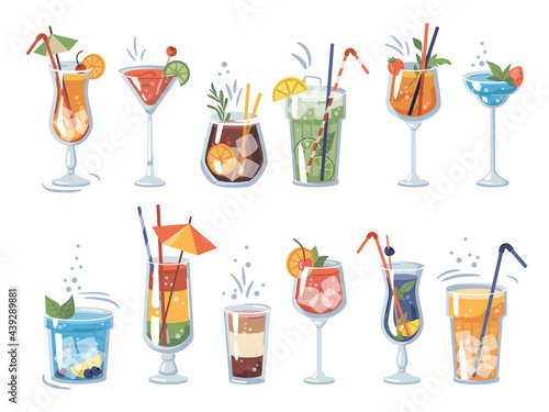 Beverages and drinks in bars and restaurants. Isolated cocktails alcoholic and non-alcoholic, glasses and decorative straws. Orange slices and strawberry pieces. Vector in flat cartoon style