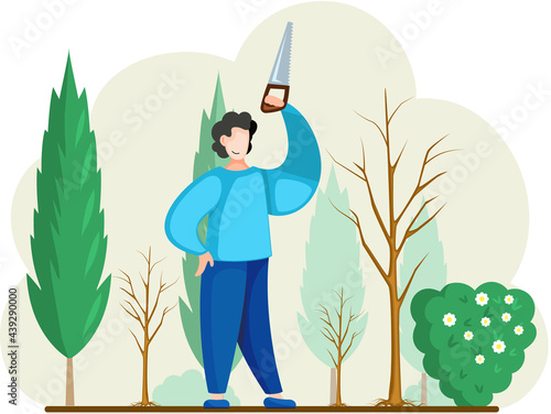 Man sawing plant with hand saw. Professional garden worker working with bush or tree in backyard. Gardening, planting topiary plants and hedges design. Agriculture, organic gardening and farming