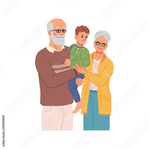 Happy family, grandparents spending time with grandson. Grandmother and grandfather senior people caring for small kid and cuddling boy. Childhood and parenthood. Flat cartoon character, vector