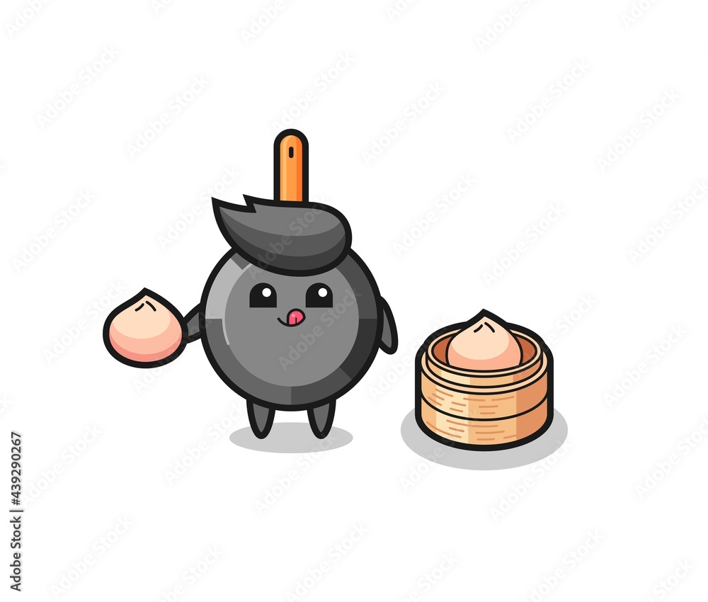 Fototapeta premium cute frying pan character eating steamed buns