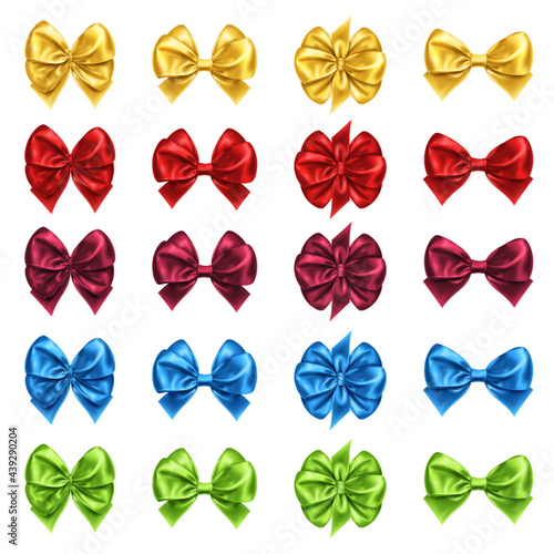 Set of isolated bow knots for gift decoration, satin bow-knots for present box or package adornment. Favor for new year or christmas, anniversary event and valentine day, wedding gift packaging