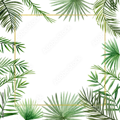 Green palm leaves golden frame. Tropical twigs, branches wreath. Jungle florals. Watercolor free-hand illustration for postcard, invitation, banner, event flyer, poster, presentation, menu, lifestyle