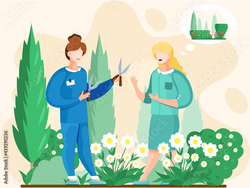 Two women with scissors cut flowers in flower bed for bouquet, gardeners working in garden, growing plants and flowers. Agriculture organic garden tillage and farming, plant care, gardening hobby