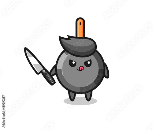 cute frying pan mascot as a psychopath holding a knife