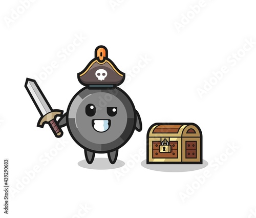 the frying pan pirate character holding sword beside a treasure box