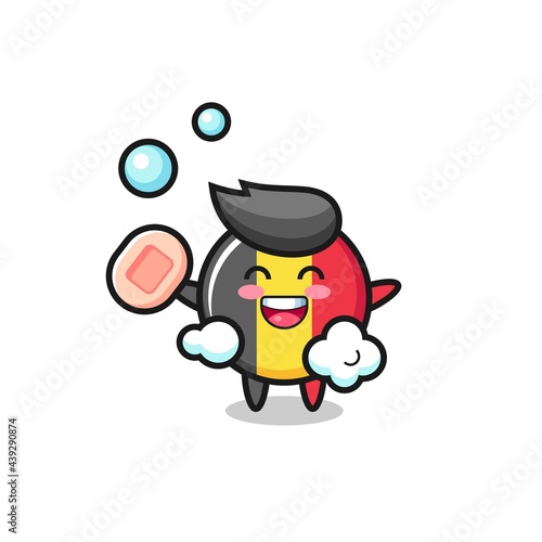 belgium flag badge character is bathing while holding soap