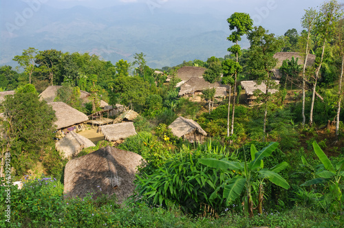 Scenic landscape view of typical Naga Konyak tribe village in the mountains of Mon district, Nagaland, India photo