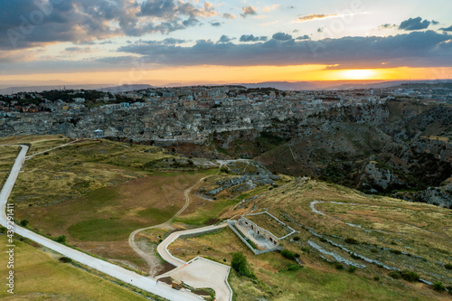 Aerial view of Matera at sunset, the city of stones, in Basilicata. a landscape very beautiful