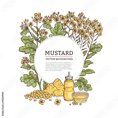 Background with mustard plant and sauce, engraving vector illustration isolated.