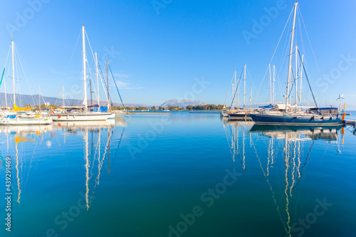 Greece Mesologi, port view with luxury sail yachts and boats, Central Greece