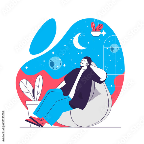 Dreaming people web concept. Woman thinks about space and galactic travel. Imagination people scene. Flat characters design for website. Vector illustration for social media promotional materials