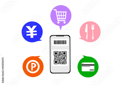 キャッシュレス決済（スマホQRコード決済）で様々な支払いができるイラスト