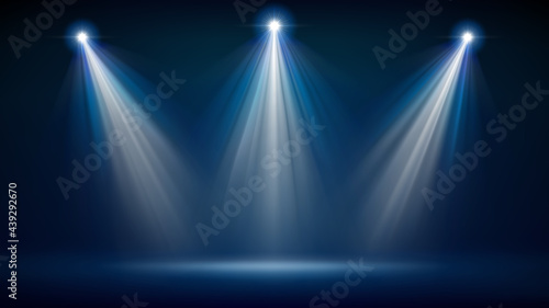 Spotlight backdrop. Illuminated blue stage. Background for displaying products. Bright beams of spotlights, shimmering glittering particles, a spot of light. Vector illustration
