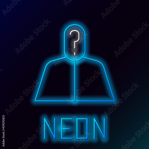 Glowing neon line Anonymous man with question mark icon isolated on black background. Unknown user, incognito profile, business secrecy, obscurity. Colorful outline concept. Vector