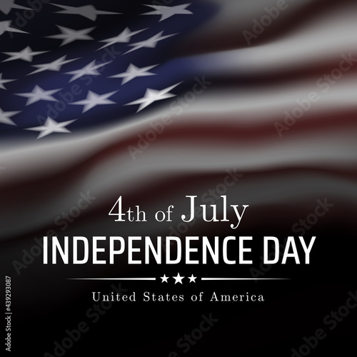 4th of july usa independence day banner, greeting card. Waving american flag on a dark background. Fourth of july, USA national holiday. Vector black and white illustration, poster