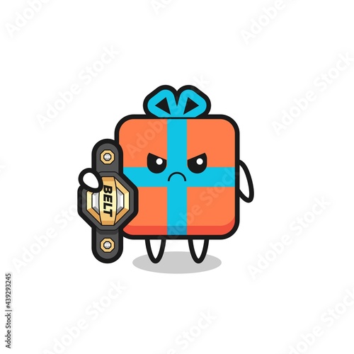 gift box mascot character as a MMA fighter with the champion belt