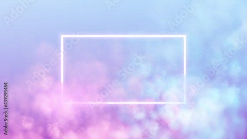 Abstract rectangle neon frame on pink and blue smoke background. Vector glowing light lines. Dark neon background. Vector illustration