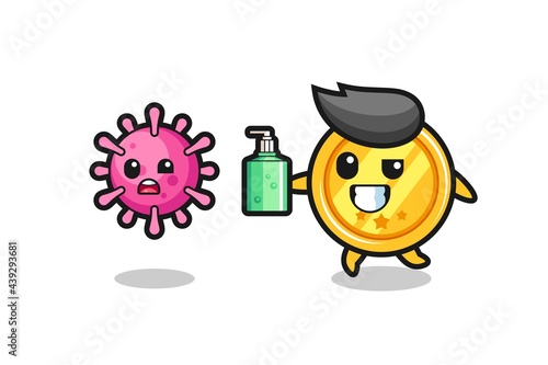 illustration of medal character chasing evil virus with hand sanitizer