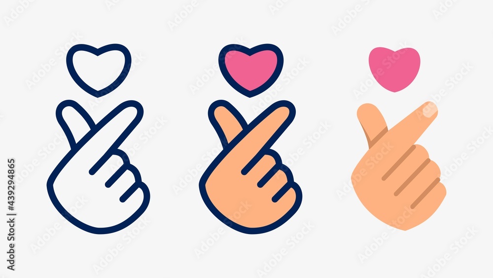 Korean Finger Heart Hand Gesture Icon Set in Thick Line and Flat Design