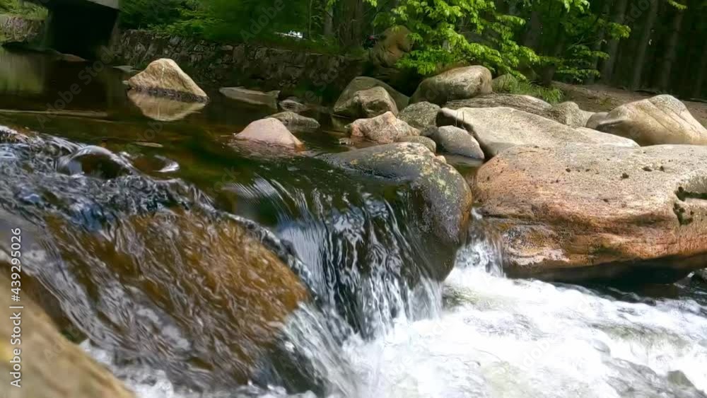Slow motion. The mountain river flows slowly in the forest Slow motion. The mountain river flows slowly in the forest