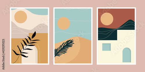 Εκτύπωση καμβά Abstract landscape posters, decorative wall art with desert, stairs, sun, plants