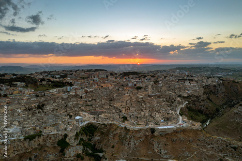 Aerial view of Matera at sunset, the city of stones, in Basilicata. a landscape very beautiful