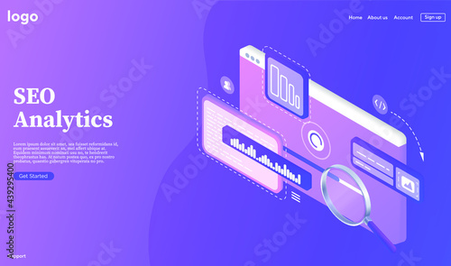 SEO analytics banner. Research and analytics of search engine optimization of content. Search engines optimization landing page. Template landing page for website. Web development, optimization.