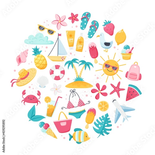 Summer set with cute beach elements bikini  flip flops  fruits  flowers  palm trees. Hand drawn flat cartoon elements. Vector illustration