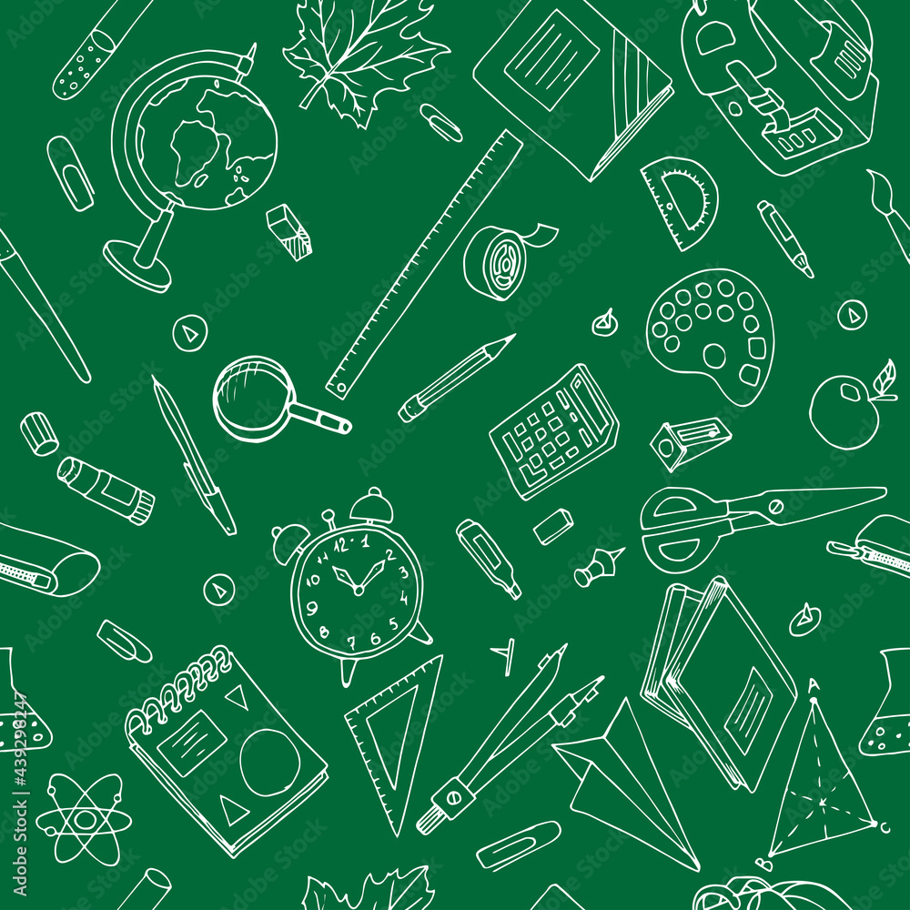 Seamless pattern of hand drawn set of school doodle on green background.Back to School theme Seamless pattern of hand drawn set of school doodle on green background.Back to School theme