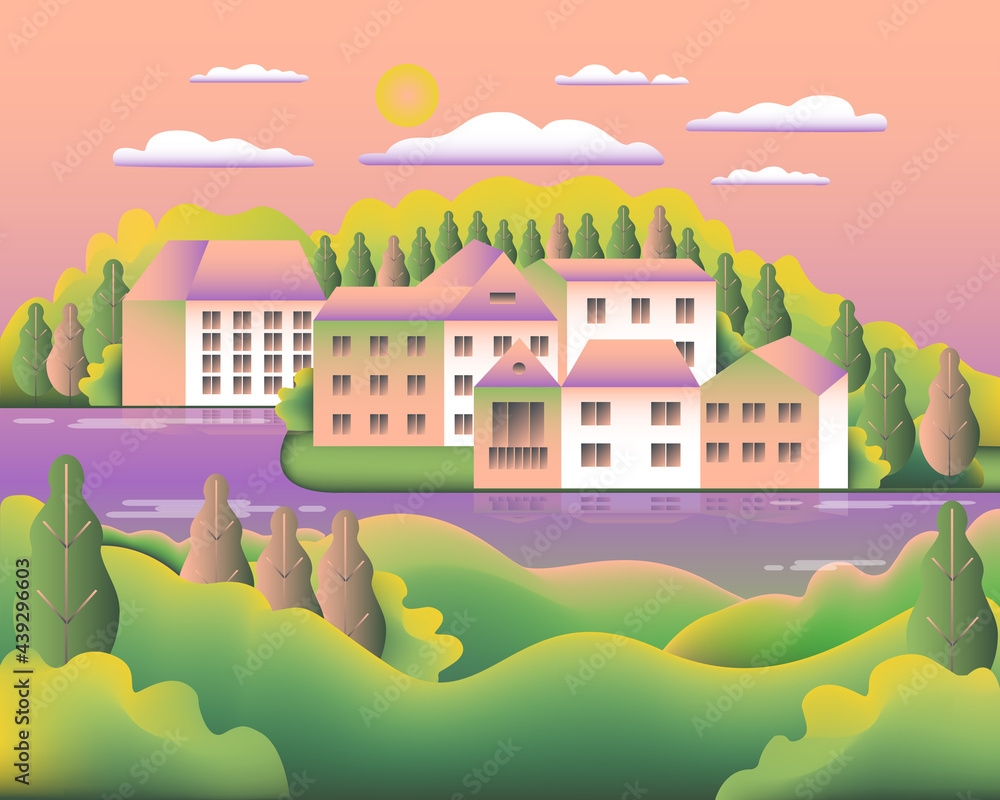 Landscape village, hills, trees, river, lake, forest. Rural valley Farm countryside with house, farm, building in flat style design. Green pink gradient colors. Cartoon background vector illustration