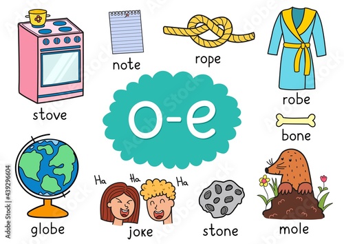 O-e digraph spelling rule educational poster for kids with words. Learning phonics for school and preschool. Phonetic worksheet. Vector illustration photo