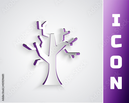 Paper cut Withered tree icon isolated on grey background. Bare tree. Dead tree silhouette. Paper art style. Vector