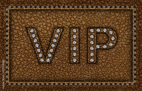 Brown leather frame with stitches and VIP sign with silver sequins