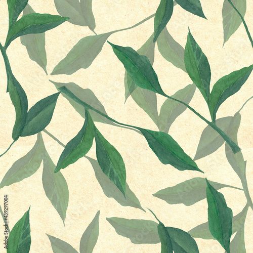 Watercolor seamless pattern. Botanical background with leaves  branches and herbs. Design elements. Perfect for textile  packing  fabric  invitations  cards.