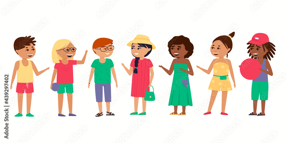 Children, boys and girls of different nationalities on a white background. African Americans, Asians and Europeans. Friends spend their summer holidays together. Flat vector illustration. Children, boys and girls of different nationalities on a white background. African Americans, Asians and Europeans. Friends spend their summer holidays together. Flat vector illustration.