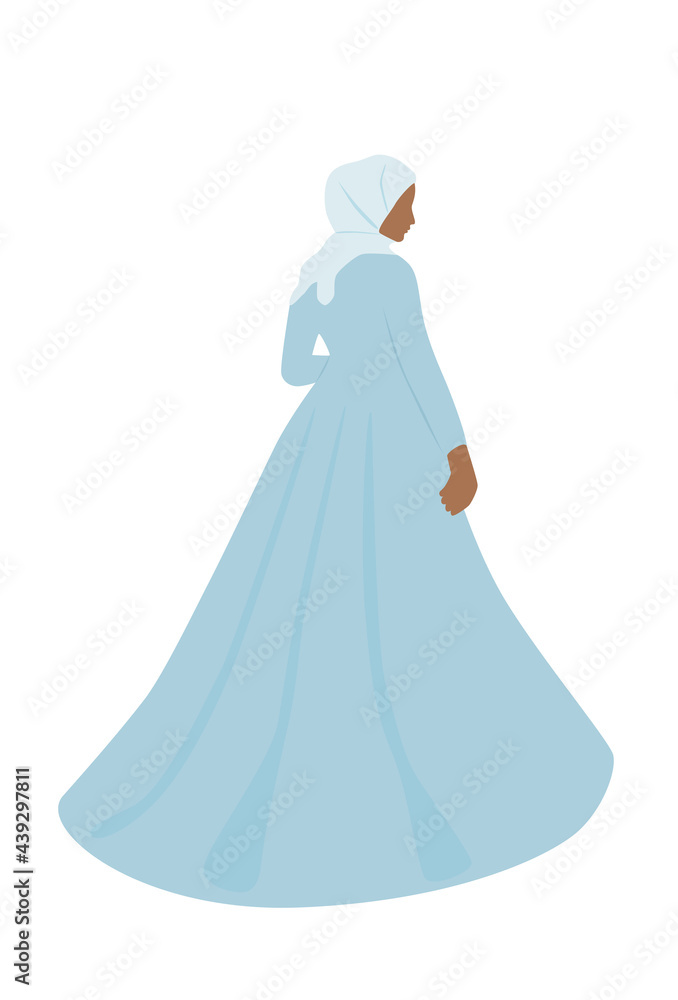 Muslim woman in dress. Beautiful bride in hijab. Modern vector illustration isolated on white background Muslim woman in dress. Beautiful bride in hijab. Modern vector illustration isolated on white background