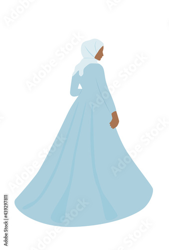 Muslim woman in dress. Beautiful bride in hijab. Modern vector illustration isolated on white background