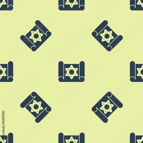 Blue Torah scroll icon isolated seamless pattern on yellow background. Jewish Torah in expanded form. Star of David symbol. Old parchment scroll. Vector