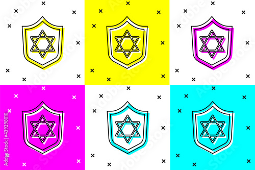 Set Shield with Star of David icon isolated on color background. Jewish religion symbol. Symbol of Israel. Vector