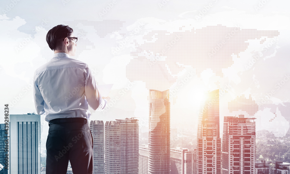 Concept of business success and control with confident boss against cityscape background Concept of business success and control with confident boss against cityscape background