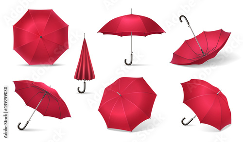 Seven Red Realistic Umbrella Icon Set
