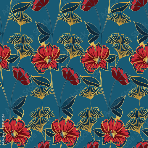 Red Flowers with Golden Outline on Blue Background Oriental Vector Seamless Pattern