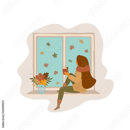 cute girl sitting on a window board watching falling leaves, autumn, fall isolated vector illustration scene