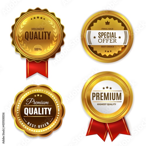 Seal quality labels gold badges. Sale and discount golden 3d medals with red ribbons, premium stamps and genuine guarantee round emblems. Best seller promotional sign vector realistic set