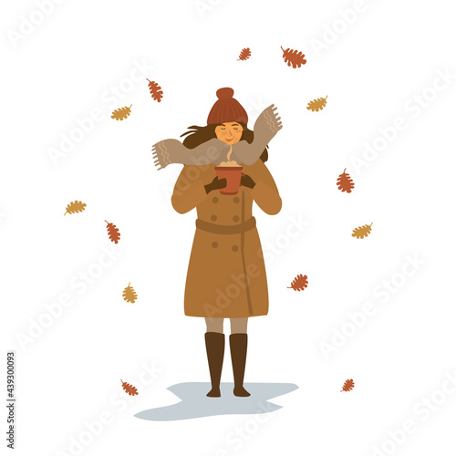 cute young woman warming up with hot drink in a mug in the park under falling dry autumn leaves isolated vector illustration scene